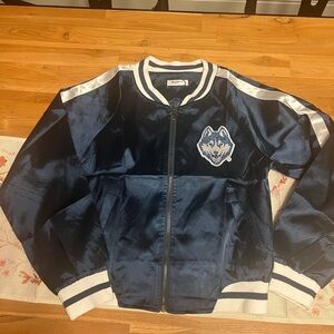 CUSTOM Navy Blue Satin Bomber Jacket with UCONN Huskies Patch